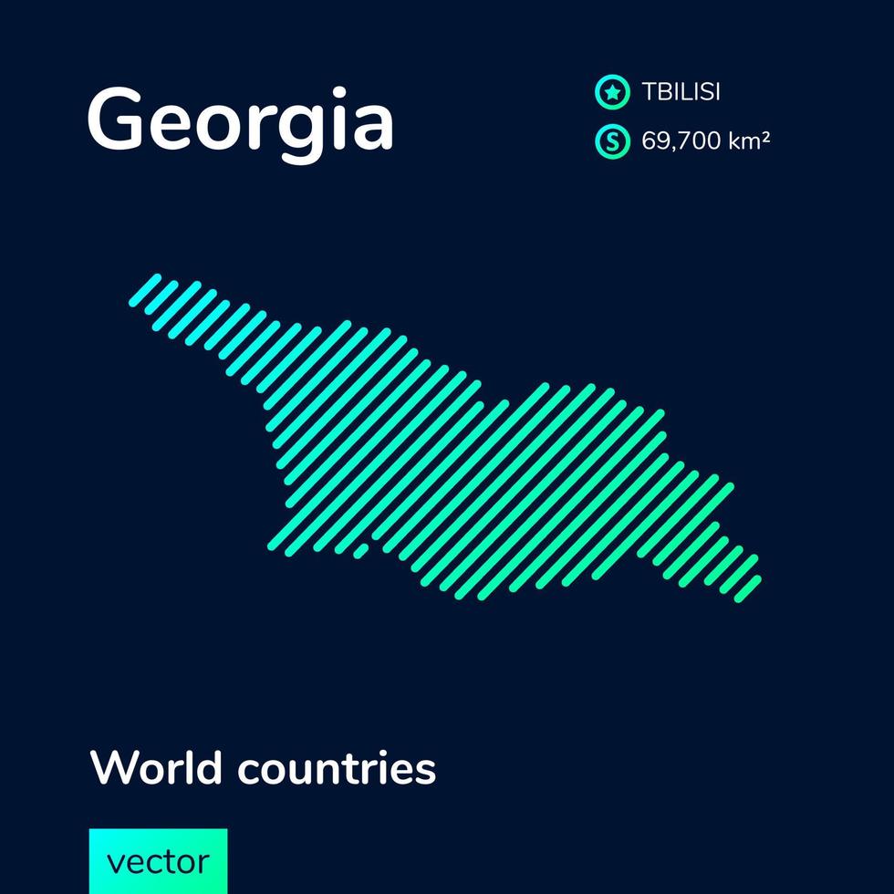 Vector creative digital neon flat line art abstract simple map of Georgia with green, mint, turquoise striped texture on dark blue background. Educational banner, poster about Georgia