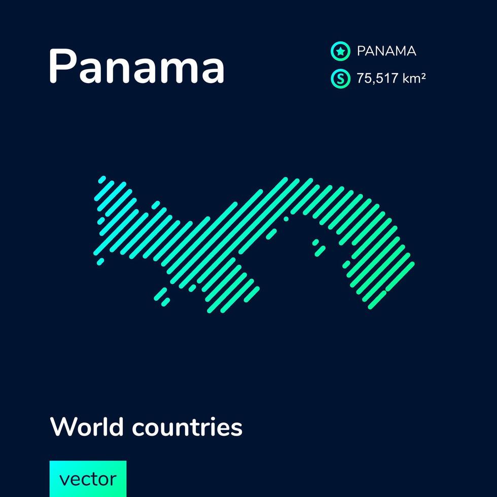 Map of Panama. Vector creative digital neon flat line art abstract simple map with green, mint, turquoise striped texture on dark blue background. Educational banner, poster about Panama