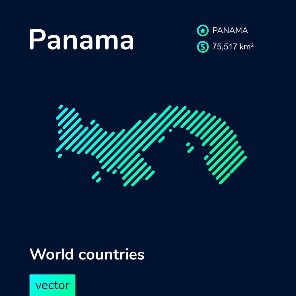 mapa de panamá. mapa simple abstracto de arte de línea plana de neón digital creativo vectorial con textura de rayas verde, menta y turquesa sobre fondo azul oscuro. pancarta educativa, afiche sobre panamá vector