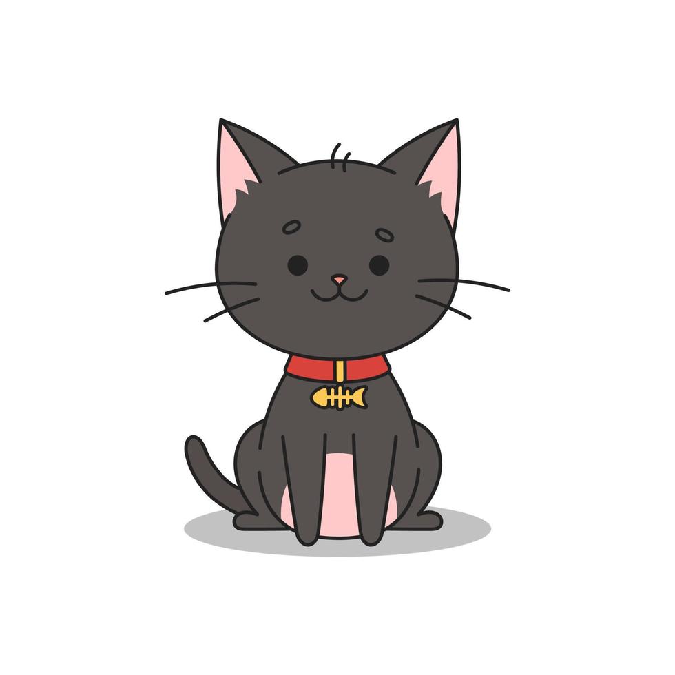 Cute happy black cat in a red collar with a gold medallion in the form of fish. Cat in kawaii style. Hand drawn vector illustration.