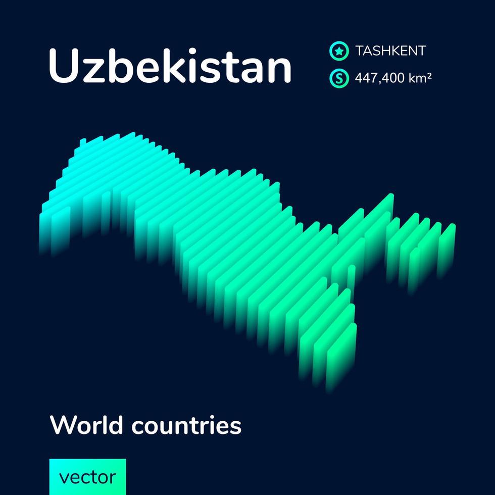 Stylized neon simple isometric striped vector Uzbekistan 3D map in green, turquoise mint colors