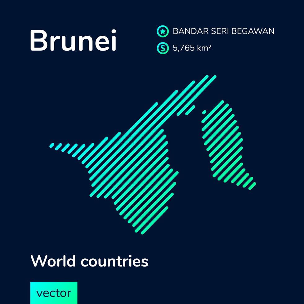 Vector creative digital neon flat line art abstract simple map of Brunei with green, mint, turquoise striped texture on dark blue background. Educational banner, poster about Brunei