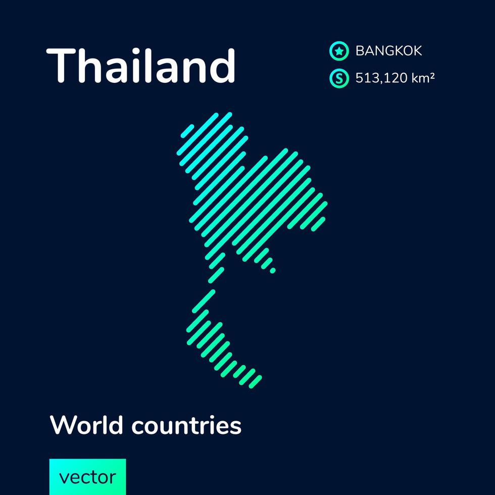 Vector creative digital neon flat line art abstract simple map of Thailand with green, mint, turquoise striped texture on dark blue background. Educational banner, poster about Thailand