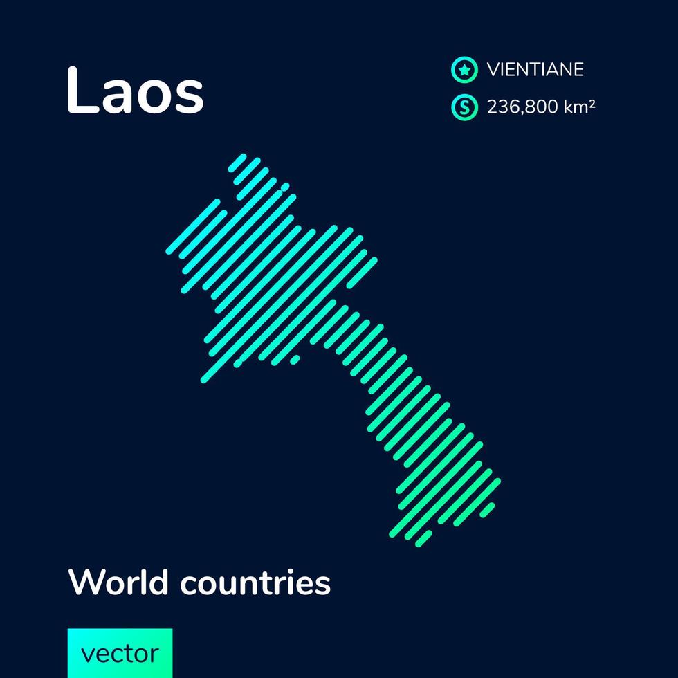 Vector creative digital neon flat line art abstract simple map of Laos with green, mint, turquoise striped texture on dark blue background. Educational banner, poster about Laos