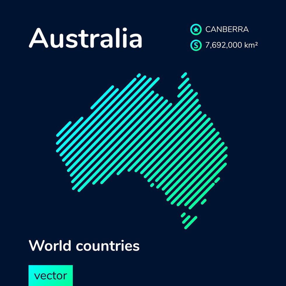 Vector creative digital neon flat line art abstract simple map of Australia with green, mint, turquoise striped texture on dark blue background. Educational banner, poster about Australia