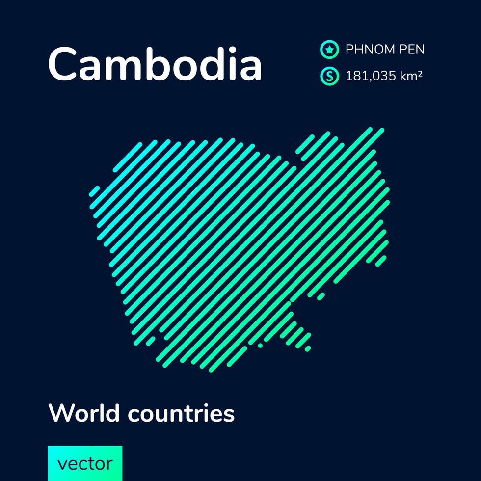 Vector creative digital neon flat line art abstract simple map of Cambodia with green, mint, turquoise striped texture on dark blue background. Educational banner, poster about Cambodia