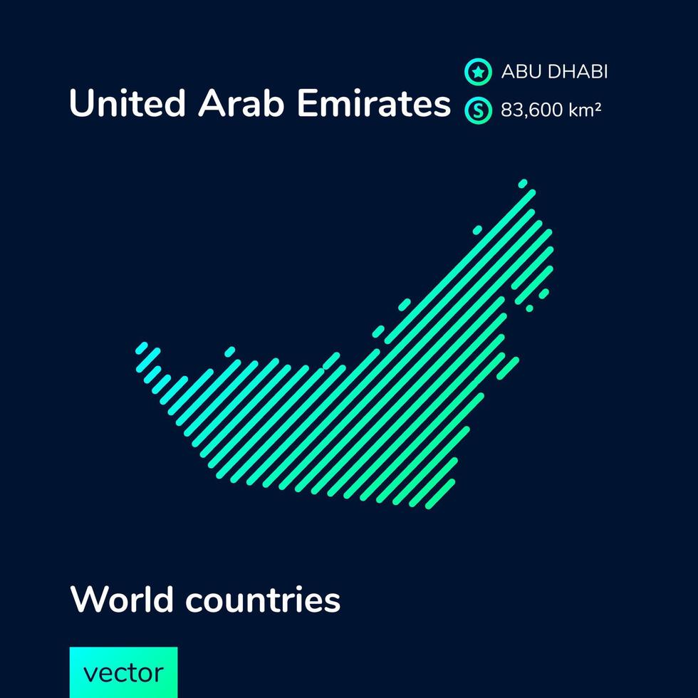Vector creative digital neon flat line art abstract simple map of United Arab Emirates with green, mint, turquoise striped texture on dark blue background. Educational banner, poster about UAE
