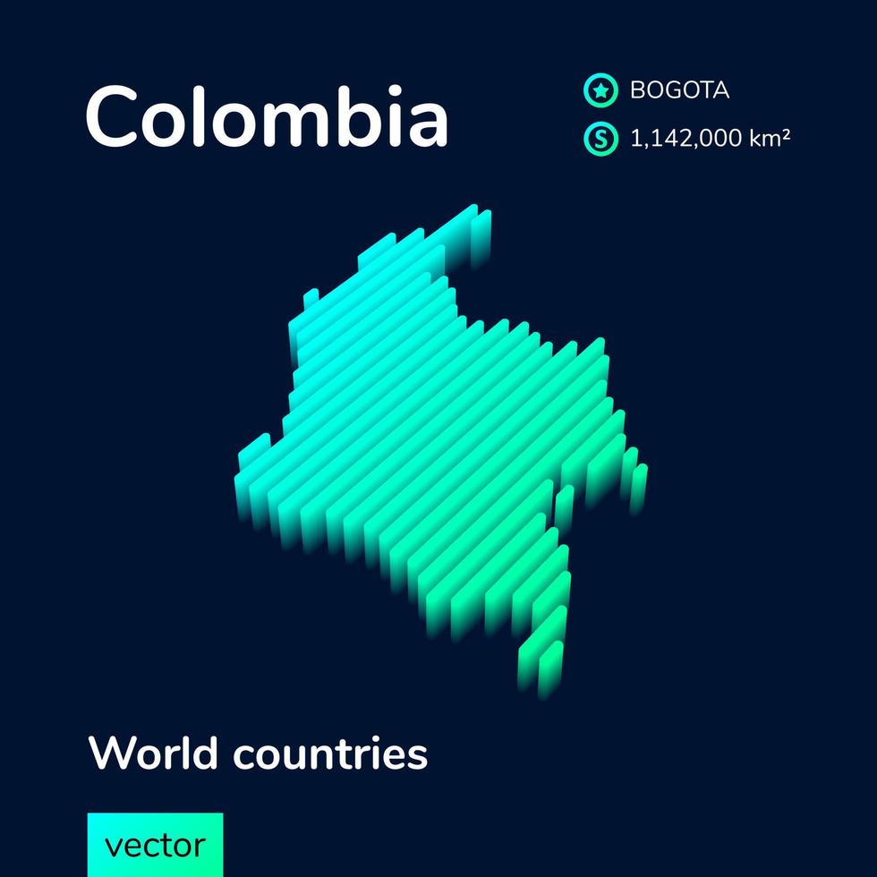 Stylized izometric vector 3d map of Colombia in neon mint turquoise colors on a dark blue background. Geography study poster, infographic element.