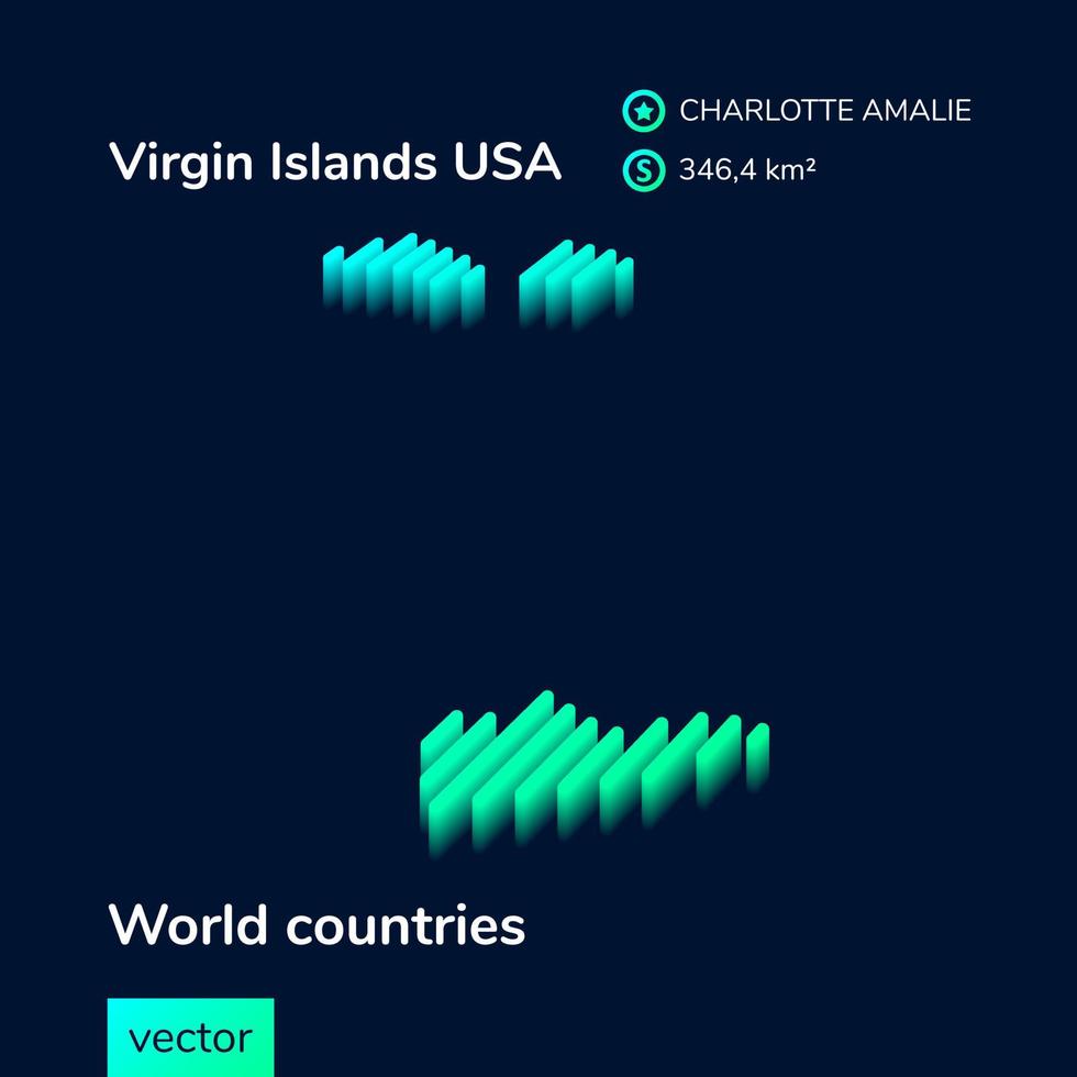 Stylized striped vector neon isometric Virgin Islands USA 3D map in green colors on blue background