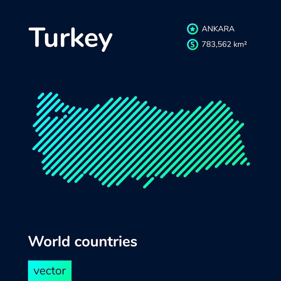 Vector creative digital neon flat line art abstract simple map of Turkey with green, mint, turquoise striped texture on dark blue background. Educational banner, poster about Turkey