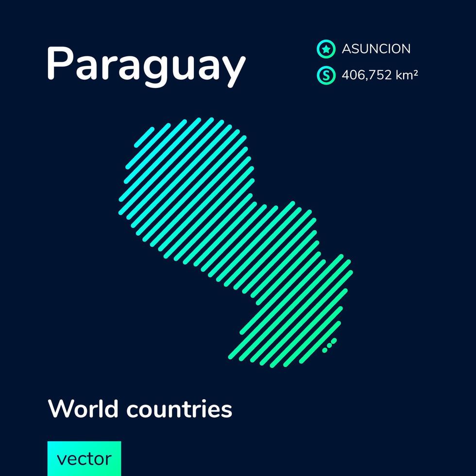 Vector creative digital neon flat line art abstract simple map of Paraguay with green, mint, turquoise striped texture on dark blue background. Educational banner, poster about Paraguay
