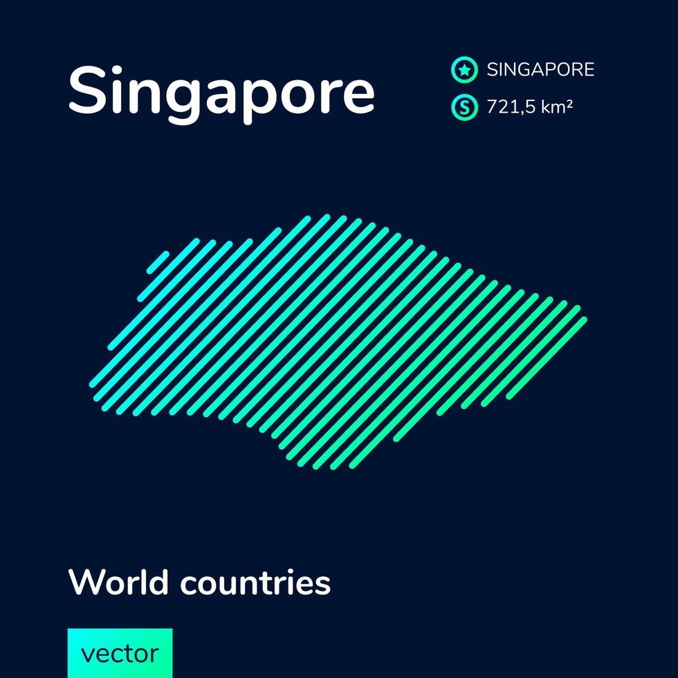 Vector creative digital neon flat line art abstract simple map of Singapore with green, mint, turquoise striped texture on dark blue background. Educational banner, poster about Singapore