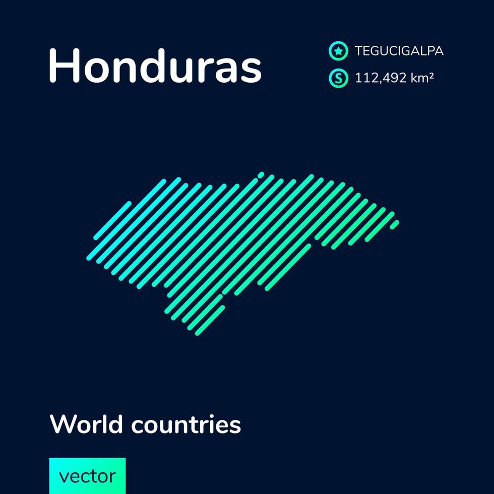 Vector creative digital neon flat line art abstract simple map of Honduras with green, mint, turquoise striped texture on dark blue background. Educational banner, poster about Honduras