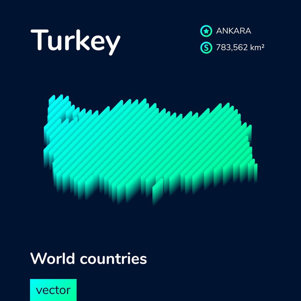 Stylized neon simple digital isometric striped vector Turkey 3D map in green, turquoise colors