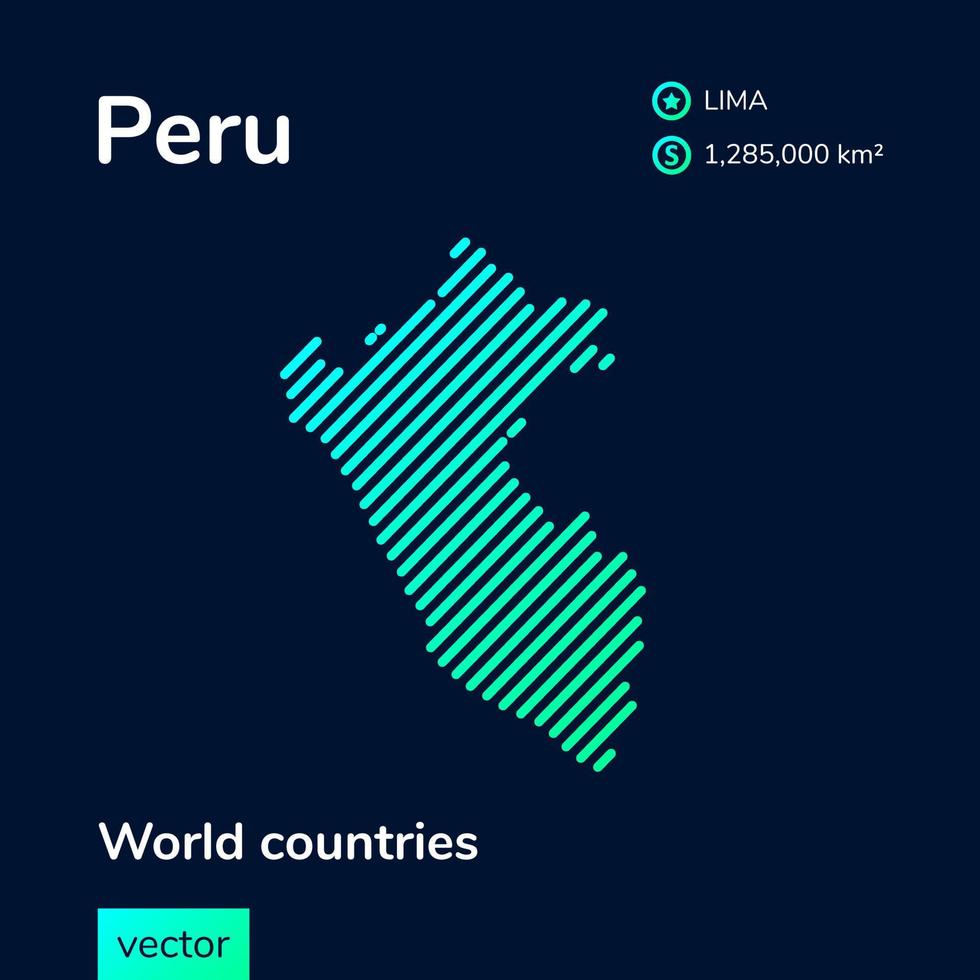 Map of Peru. Vector creative digital neon flat line art abstract simple map with green, mint, turquoise striped texture on dark blue background. Educational banner, poster about Peru