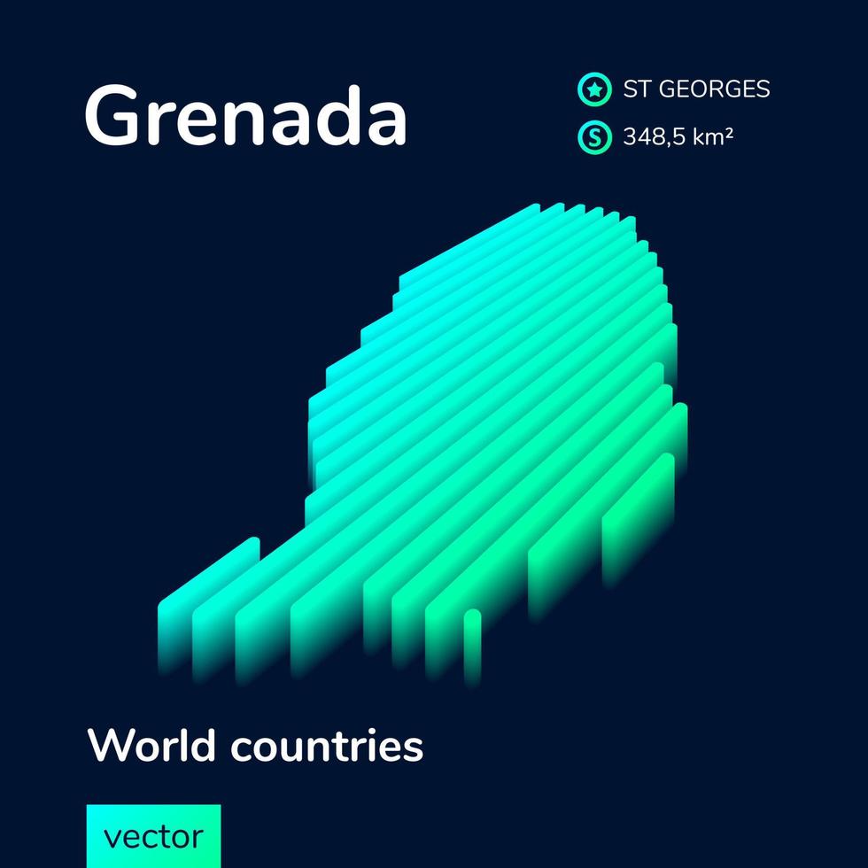 3D Map of Grenada. Stylized neon simple digital isometric striped vector Grenada map is in green, turquoise and mint colors on the dark blue background