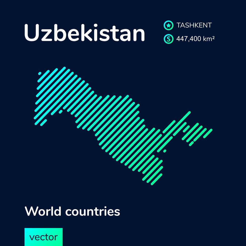 Vector creative digital neon flat line art abstract simple map of Uzbekistan with green, mint, turquoise striped texture on dark blue background. Educational banner, poster about Uzbekistan