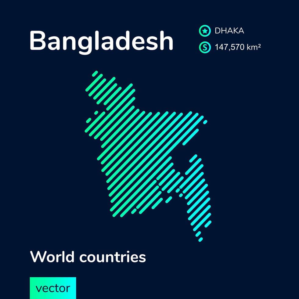 Vector creative digital neon flat line art abstract simple map of Bangladesh with green, mint, turquoise striped texture on dark blue background. Educational banner, poster about Bangladesh