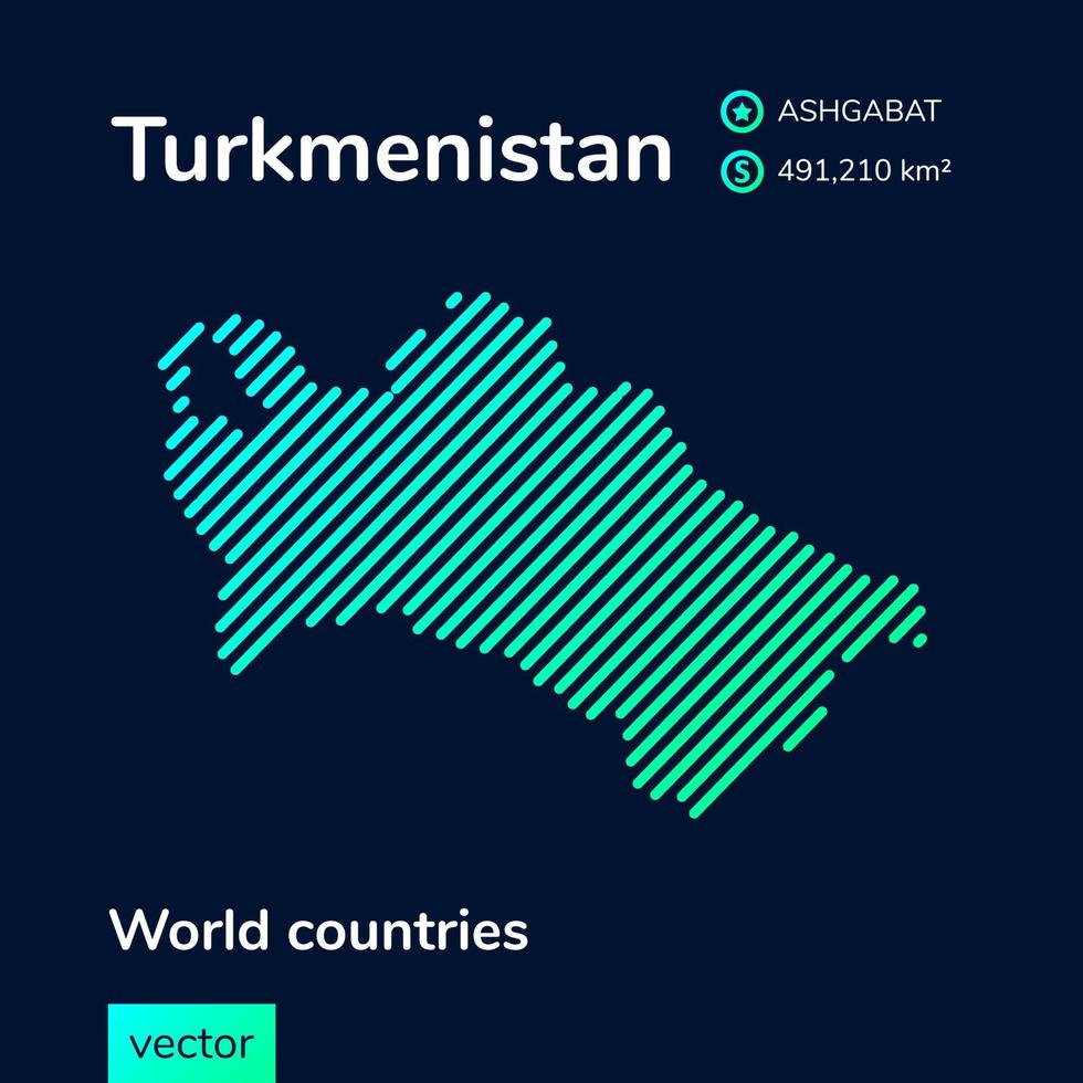 Vector creative digital neon flat line art abstract simple map of Turkmenistan with green, mint, turquoise striped texture on dark blue background. Educational banner, poster about Turkmenistan