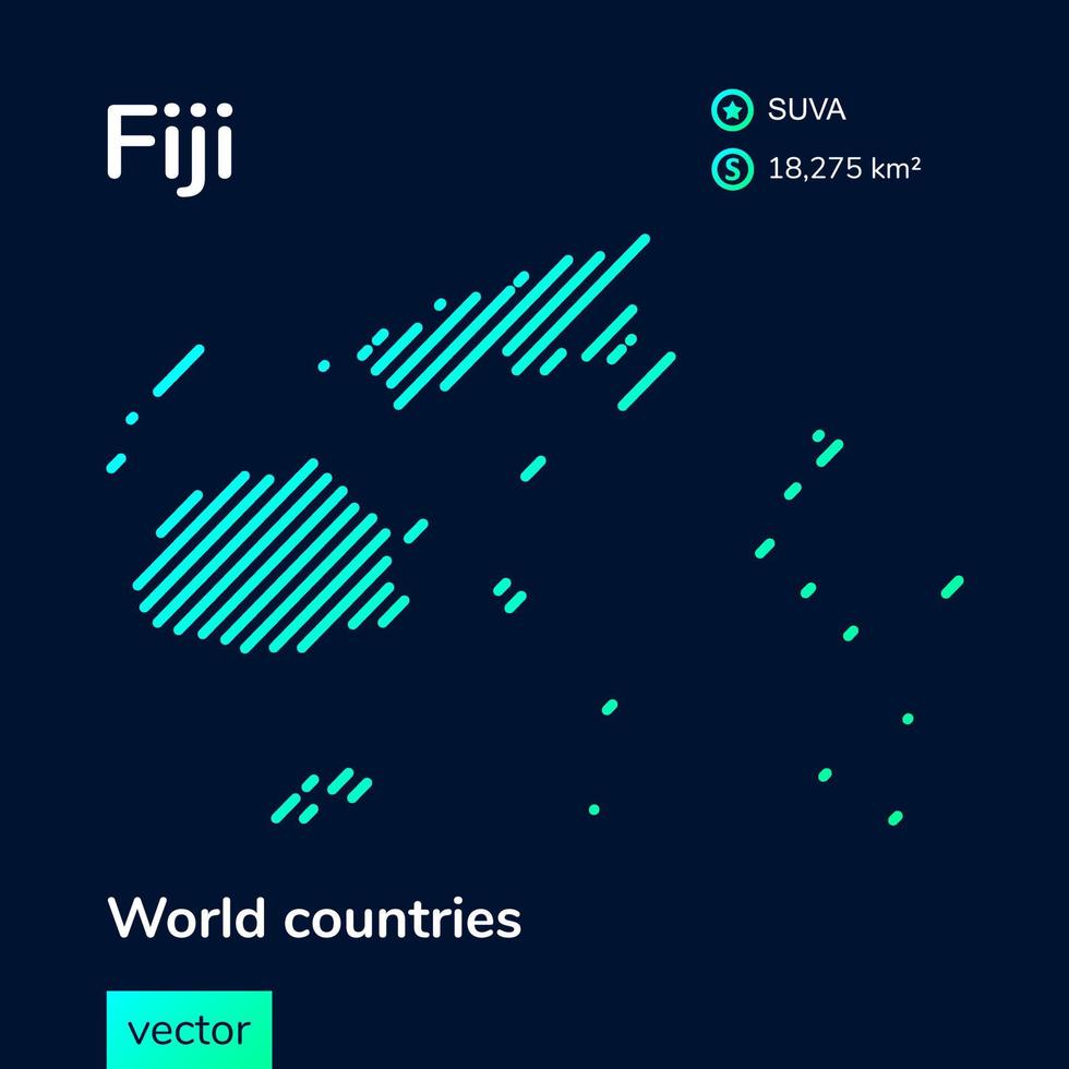 Vector creative digital neon flat line art abstract simple map of Fiji with green, mint, turquoise striped texture on dark blue background. Educational banner, poster about Fiji