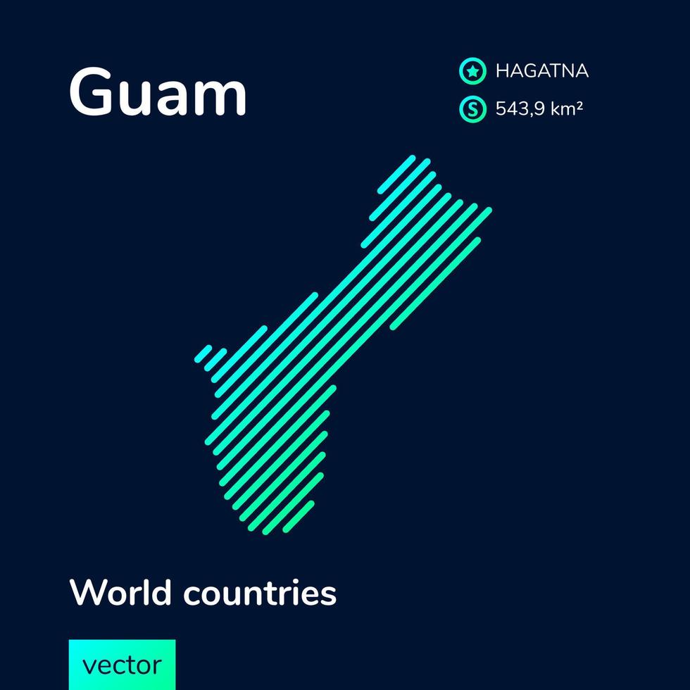Vector creative digital neon flat line art abstract simple map of Guam with green, mint, turquoise striped texture on dark blue background. Educational banner, poster about Guam