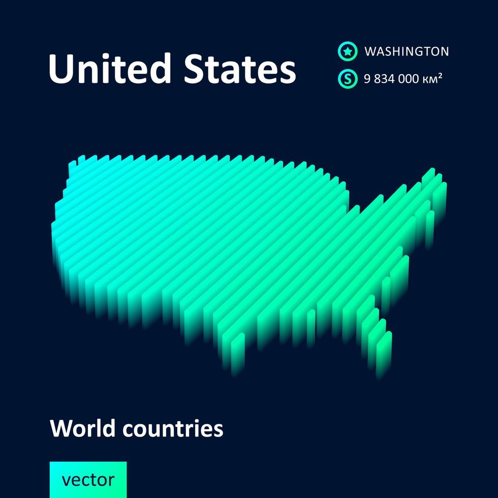 USA 3D map. Stylized neon digital isometric striped vector map in green colors on blue background