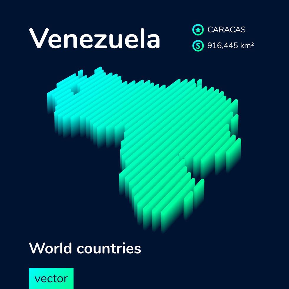 Stylized neon isometric striped vector Venezuela 3D map in green colors on the dark blue background