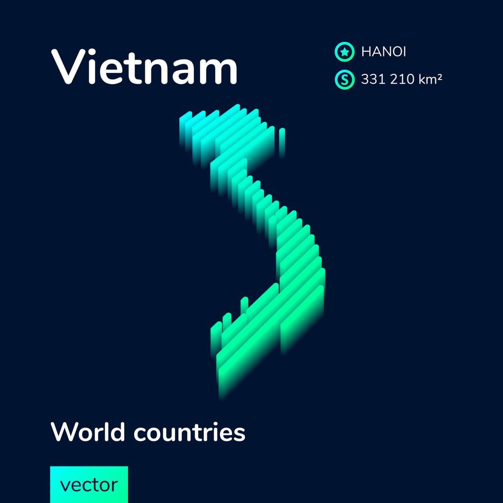 Stylized striped isometric neon Vietnam 3D map in green and mint colors on the dark blue background vector