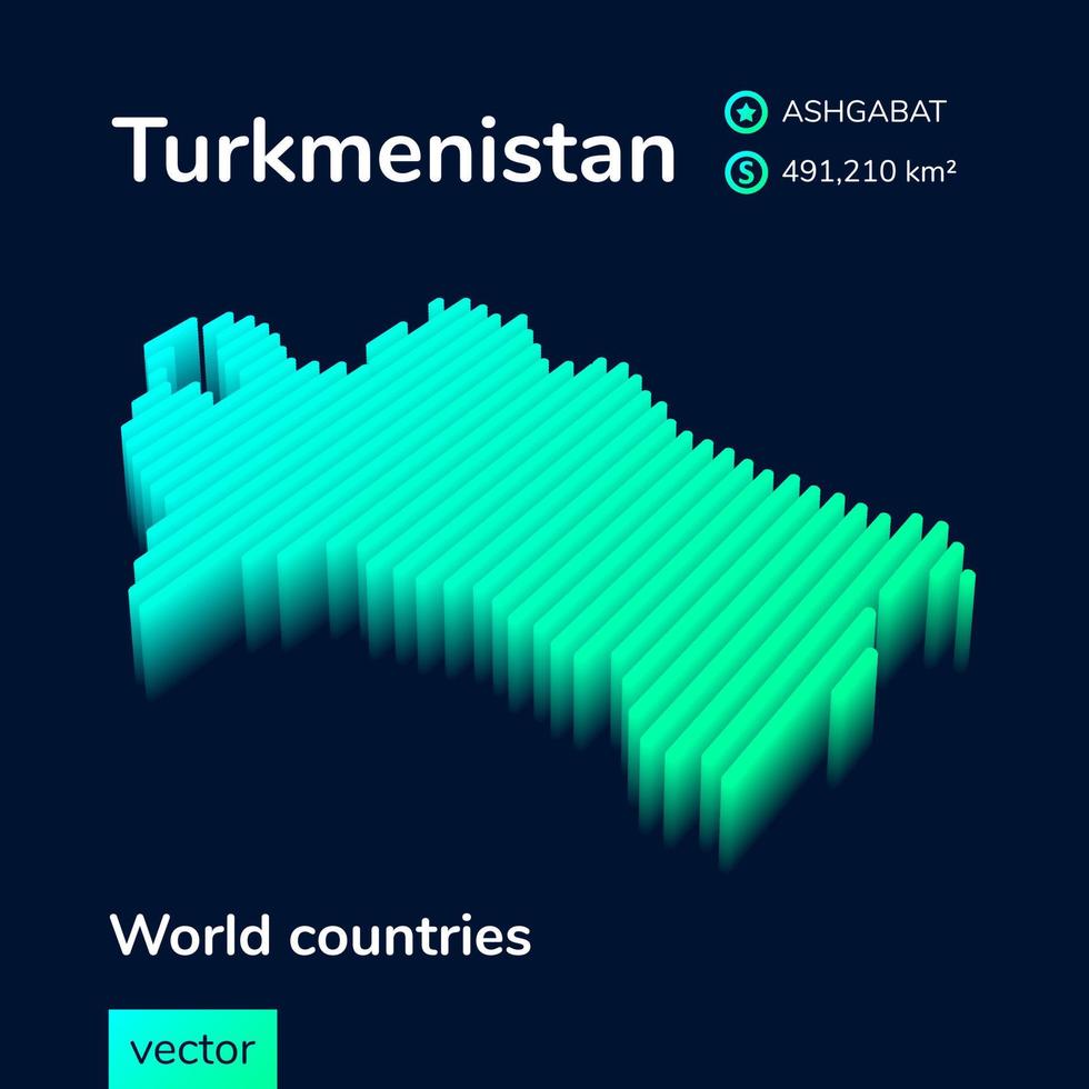 Turkmenistan 3d map. Stylized neon simple digital isometric striped vector illustration. Map of Turkmenistan is in green, turquoise and mint colors on the dark blue background