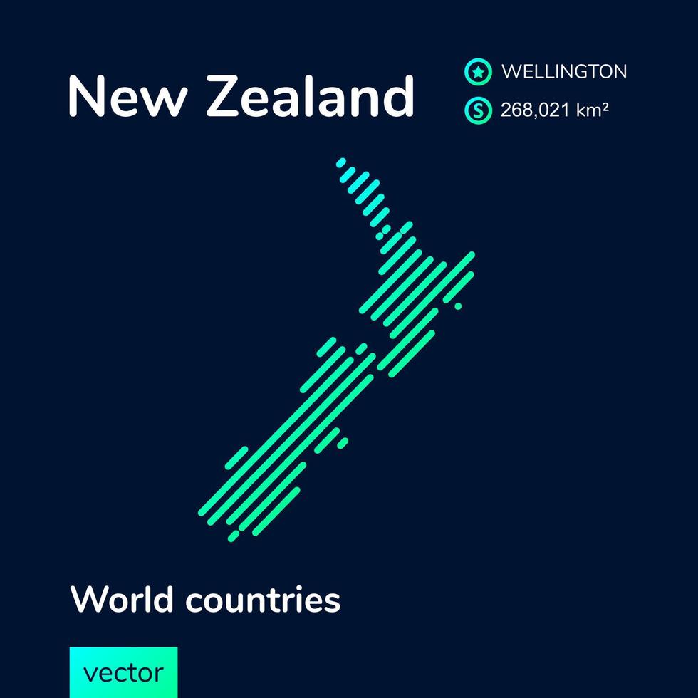 Vector creative digital neon flat line art abstract simple map of New Zealand with green, mint, turquoise striped texture on dark blue background. Educational banner, poster about New Zealand