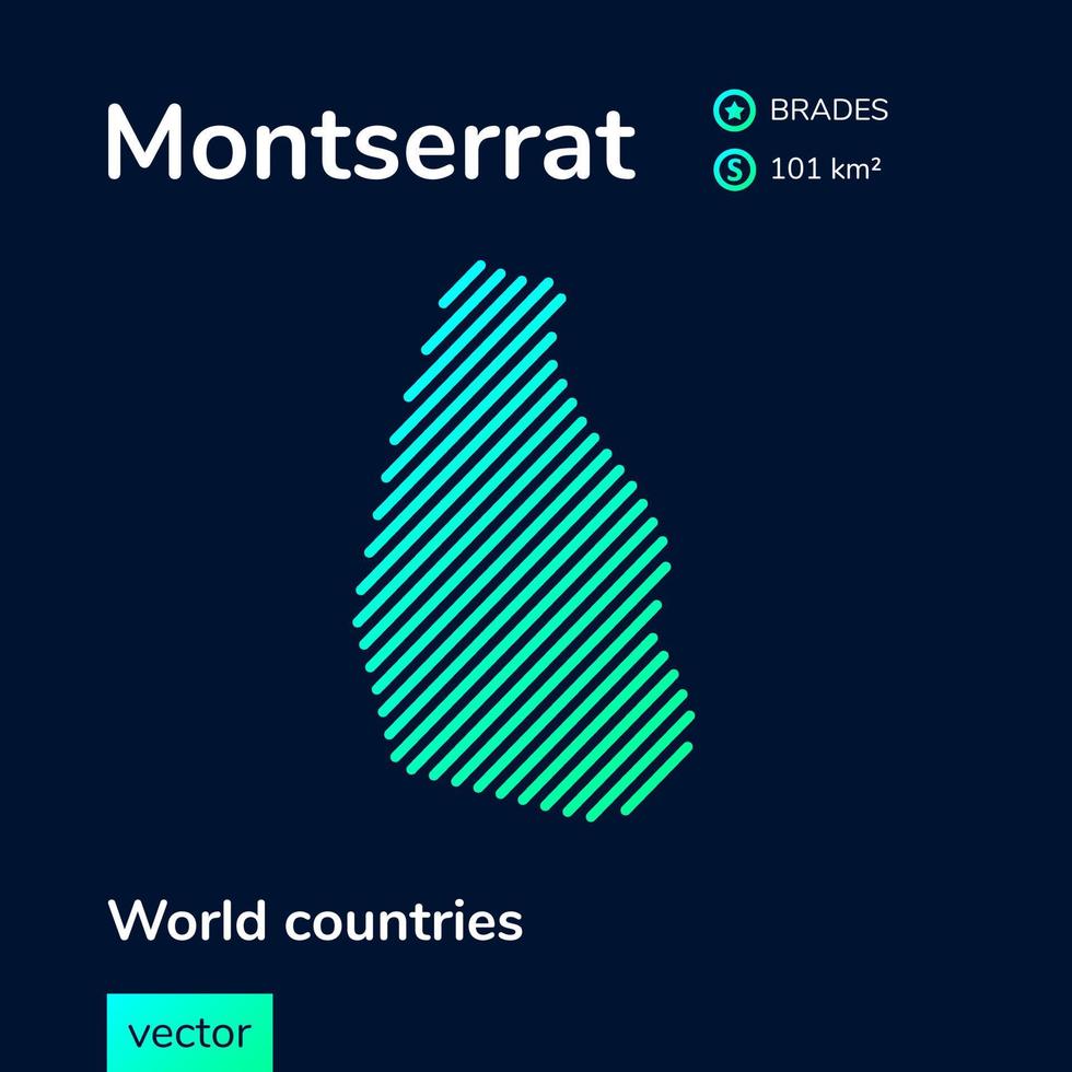 Vector creative digital neon flat line art abstract simple map of Montserrat with green, mint, turquoise striped texture on dark blue background. Educational banner, poster about Montserrat