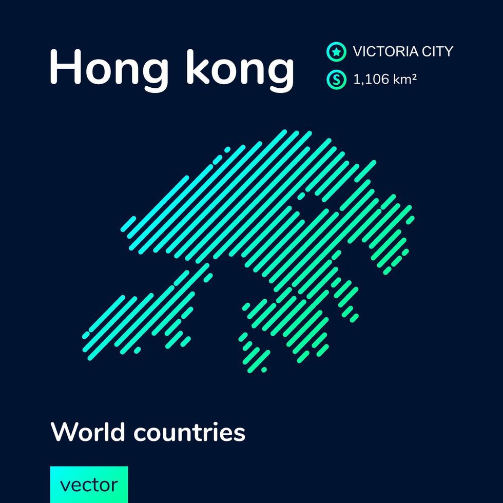Vector creative digital neon flat line art abstract simple map of Hong Kong with green, mint, turquoise striped texture on dark blue background. Educational banner, poster about Hong Kong