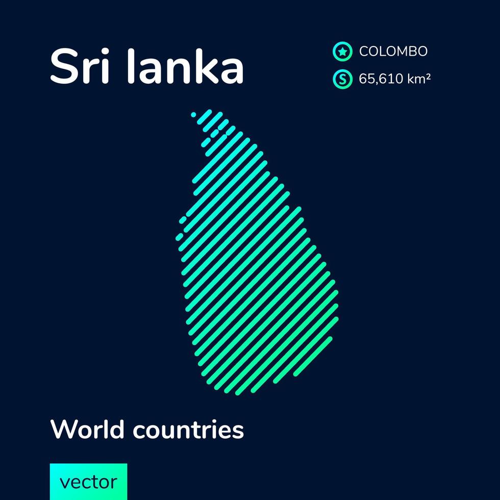 Vector creative digital neon flat line art abstract simple map of Sri Lanka with green, mint, turquoise striped texture on dark blue background. Educational banner, poster about Sri Lanka