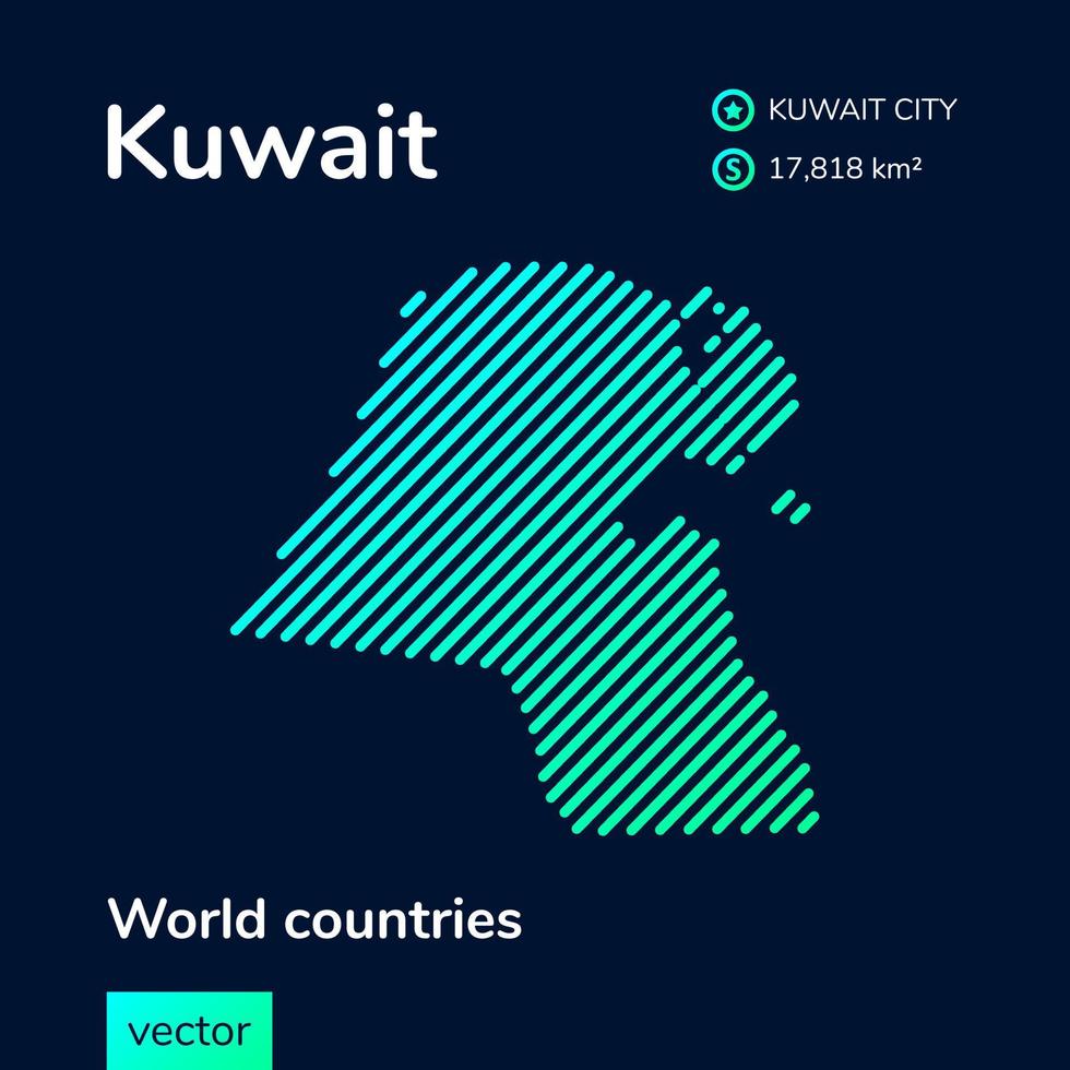 vector creativo digital neón línea plana arte abstracto mapa simple de kuwait con textura verde, menta, rayas turquesa sobre fondo azul oscuro. banner educativo, cartel sobre kuwait