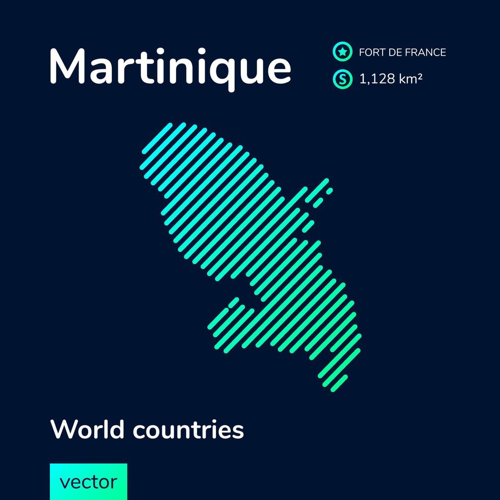 Vector creative digital neon flat line art abstract simple map of Martinique with green, mint, turquoise striped texture on dark blue background. Educational banner, poster about Martinique