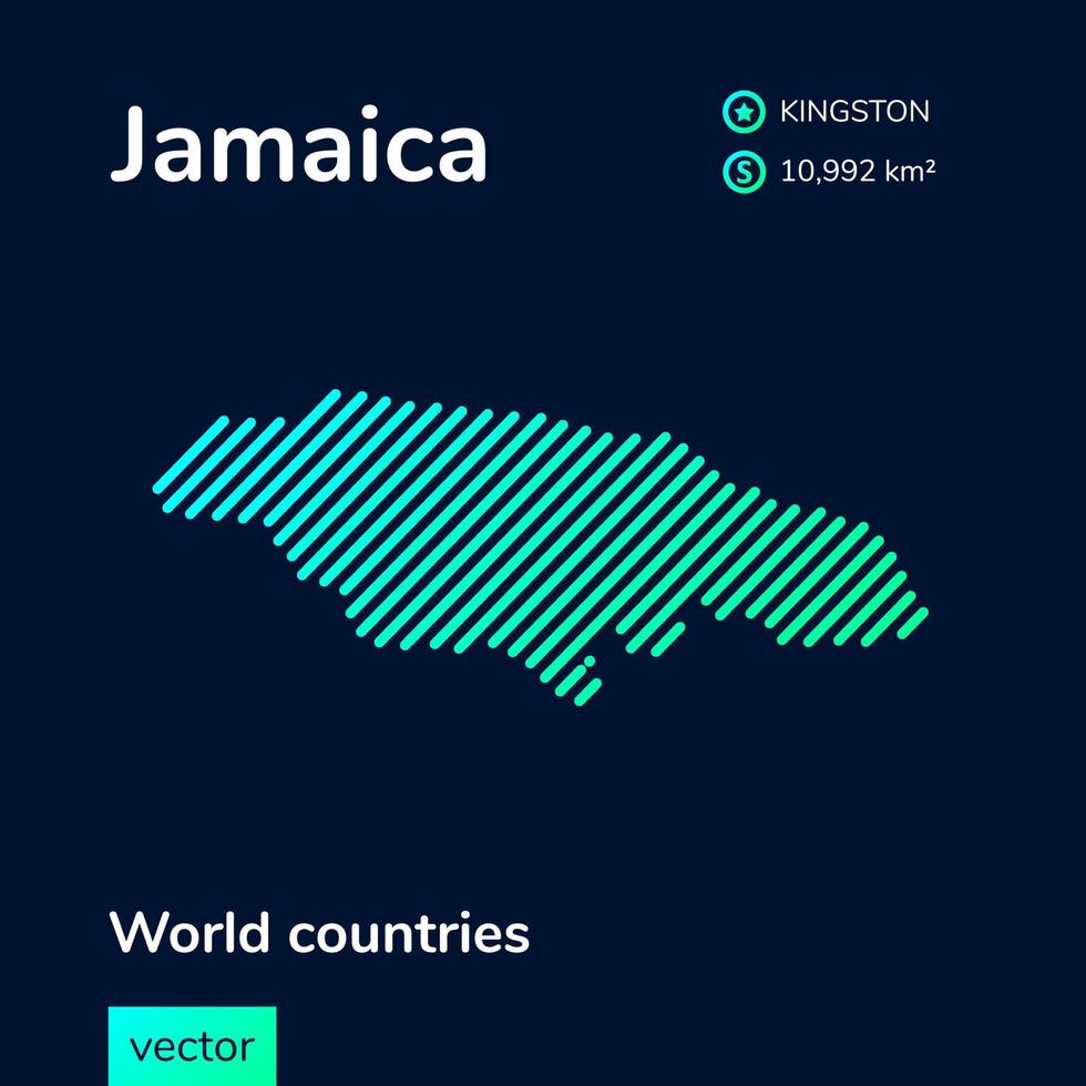 Vector creative digital neon flat line art abstract simple map of Jamaica with green, mint, turquoise striped texture on dark blue background. Educational banner, poster about Jamaica
