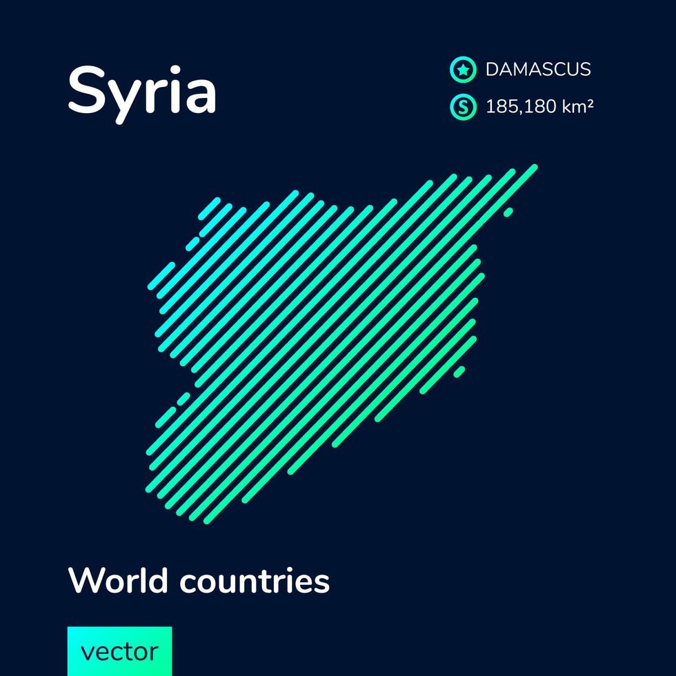 Vector creative digital neon flat line art abstract simple map of Syria with green, mint, turquoise striped texture on dark blue background. Educational banner, poster about Syria