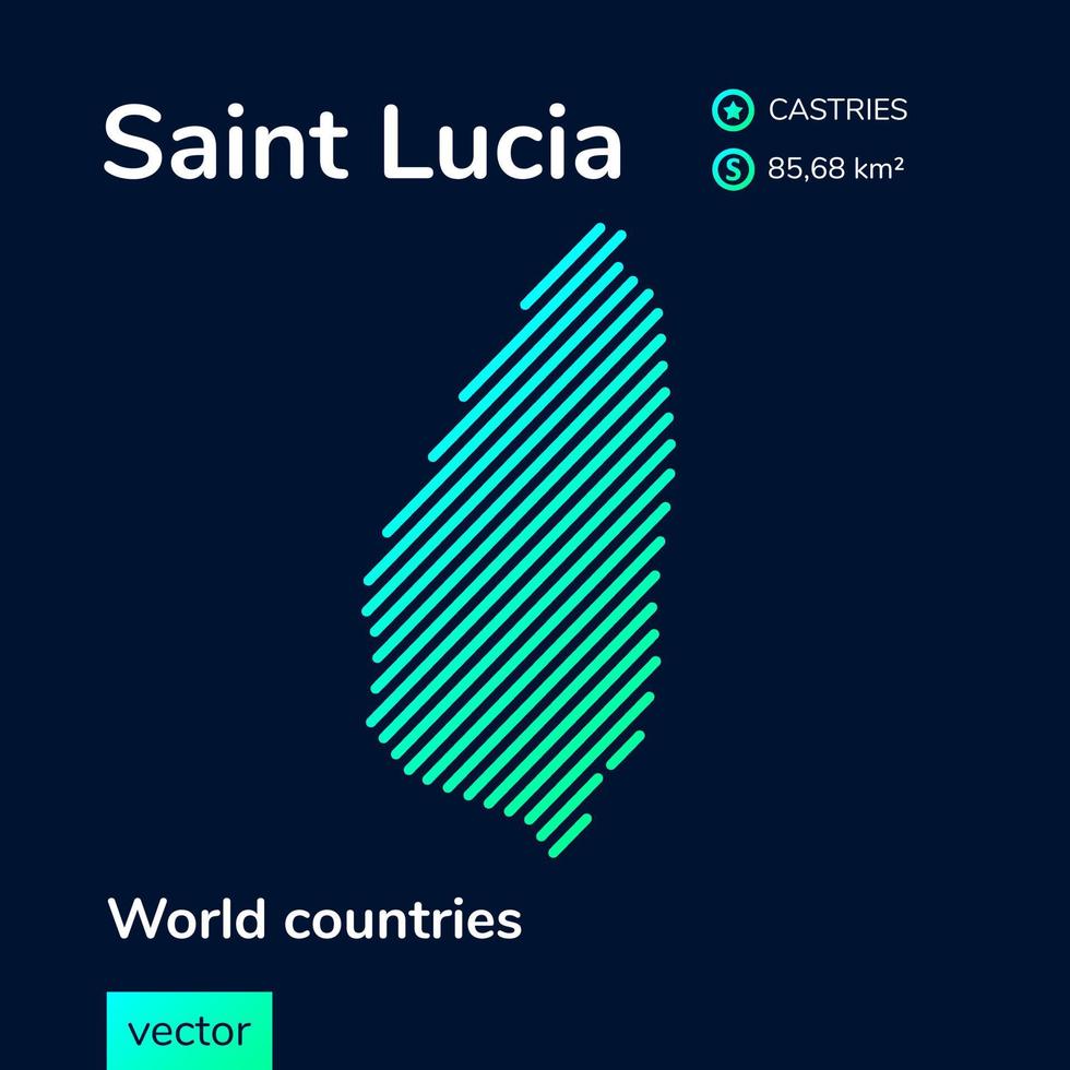 Map of Saint Lucia. Vector creative digital neon flat line art abstract simple map with green, mint, turquoise striped texture on dark blue background. Educational banner, poster about Saint Lucia