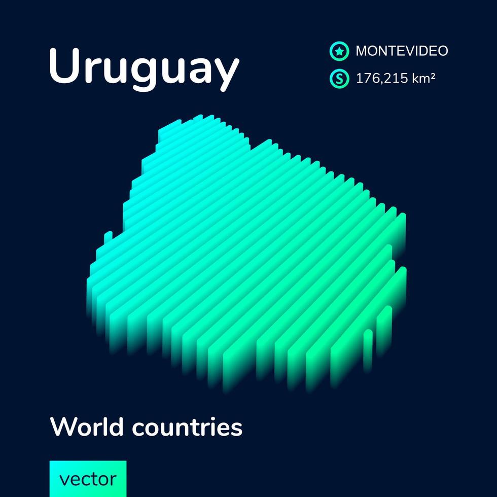 Stylized neon simple isometric striped vector Uruguay 3D map in green, turquoise and mint colors