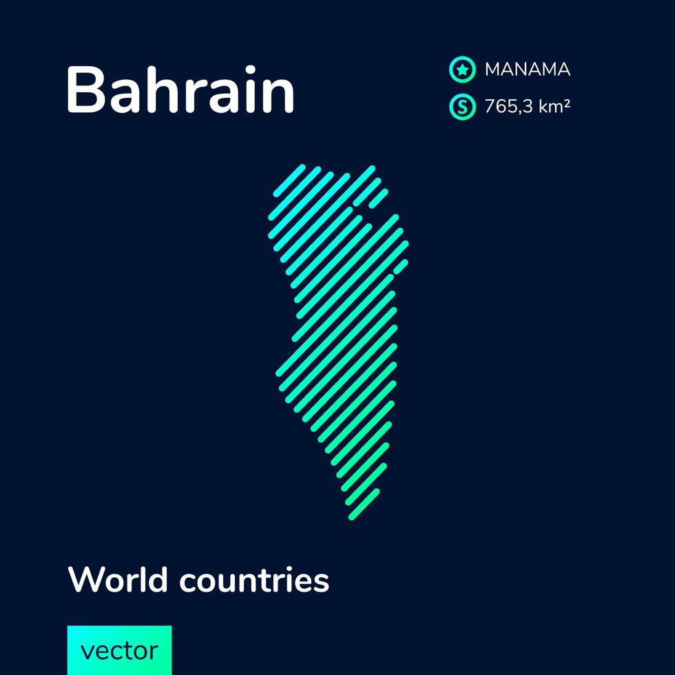Vector creative digital neon flat line art abstract simple map of Bahrain with green, mint, turquoise striped texture on dark blue background. Educational banner, poster about Bahrain