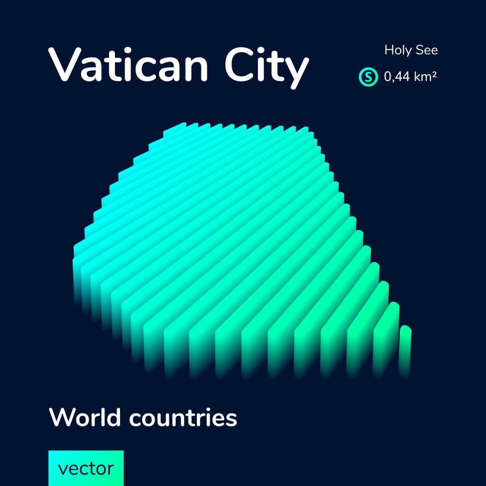 Stylized neon simple digital isometric striped vector Vatican 3D map in green, turquoise and mint