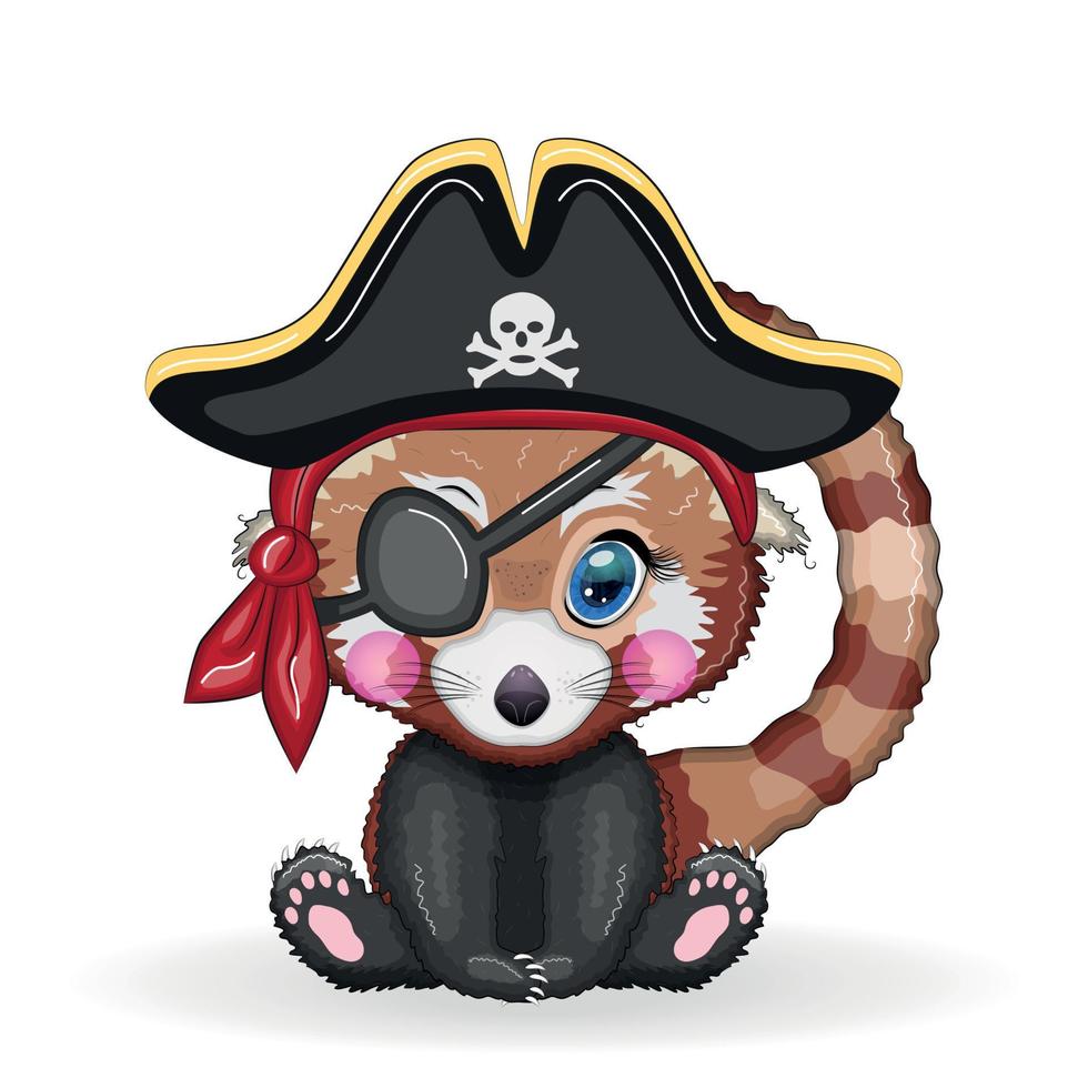 Red panda pirate, cartoon character of the game, wild bear in a bandana and a cocked hat with a skull, with an eye patch. Character with bright eyes vector