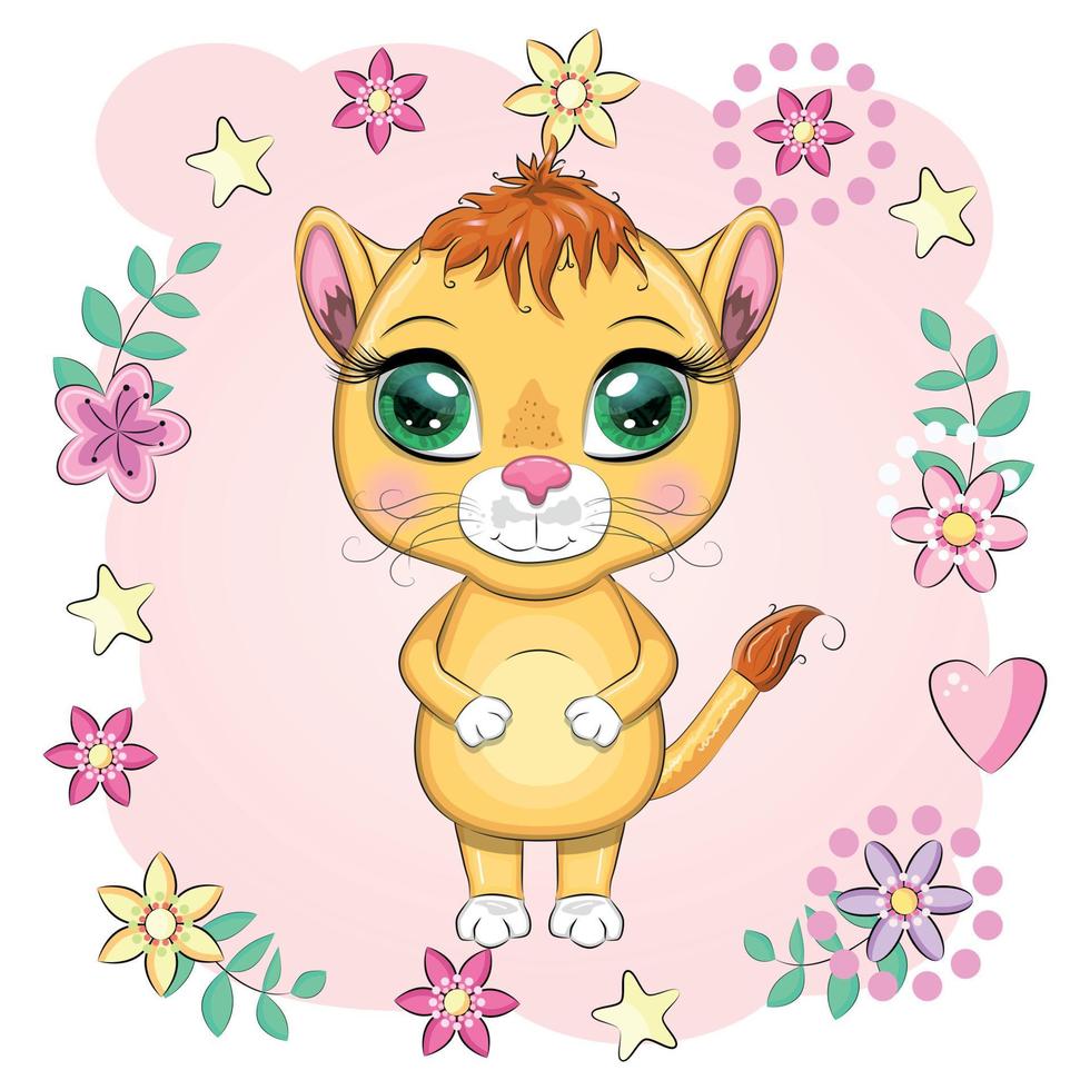 leona de dibujos animados con ojos expresivos. animales salvajes, carácter, estilo lindo infantil. vector