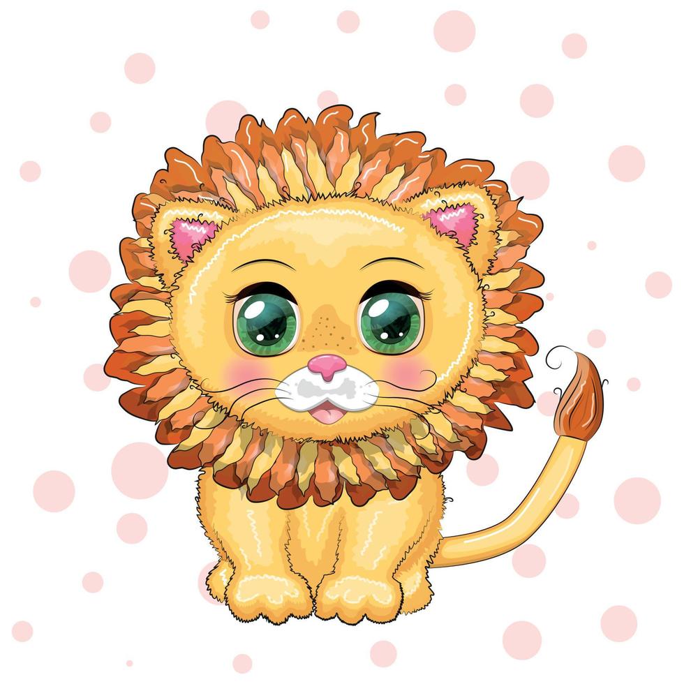 león de dibujos animados con ojos expresivos. animales salvajes, carácter, estilo lindo infantil. vector