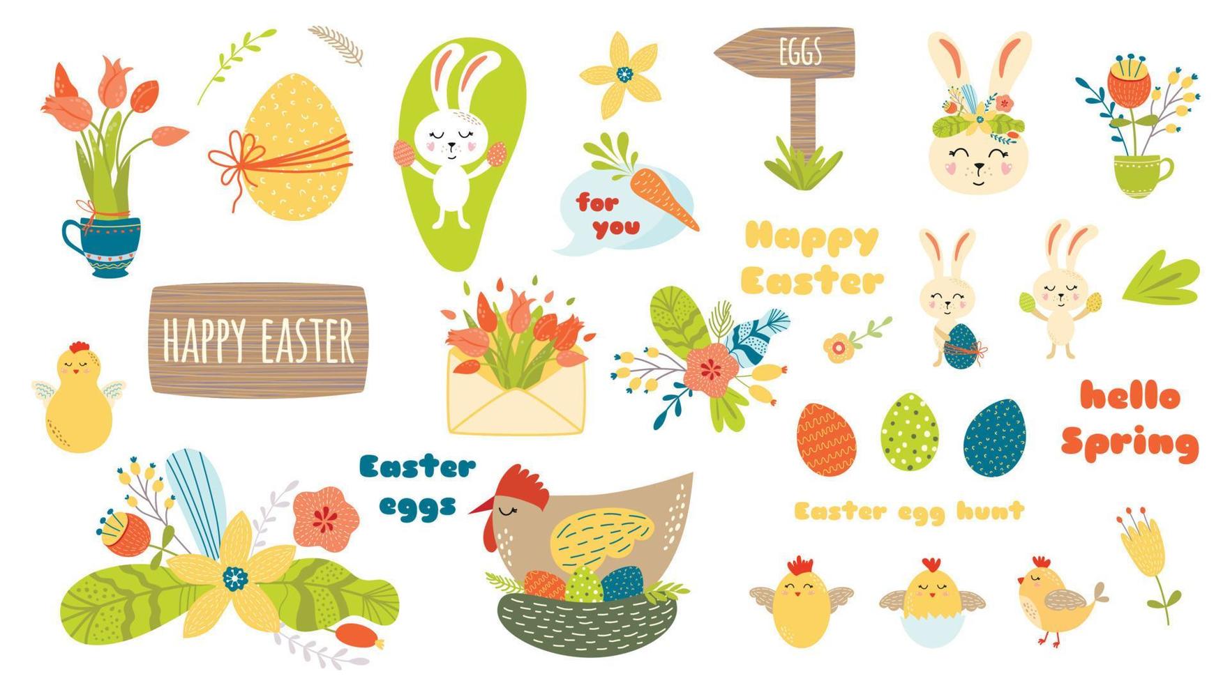 Easter elements set clipart Cute Easter characters Text Happy Easter Graphic kids hand drawn bright elements, eggs, flowers, chicken, chicks, Easter quotes Rabbit bunny, tulips Vector illustration.