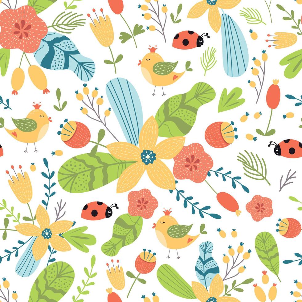 Hand drawn flower seamless pattern. Summer flowers repeat background Graphic prints. Bright texture. Tropical leaves, insect, bird. Cute kids design. Spring season. Cartoon style. Vector illustration.