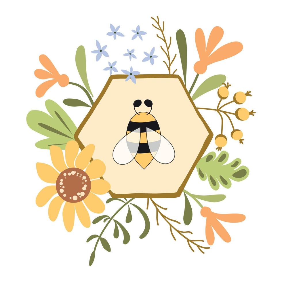 corona floral de abeja en panal imprimir linda etiqueta de plantilla dibujada a mano flores amarillas hierbas. diseño de diseño para miel, tienda de cosméticos productos orgánicos naturales. fondo de planta orgánica. ilustración del logotipo de abeja. vector