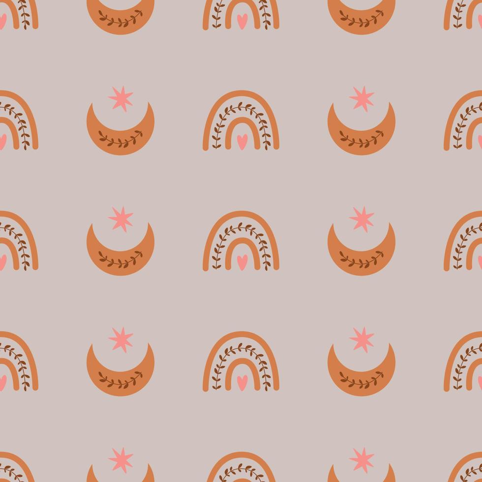 Kids boho rainbow pattern Cute simple pastel rainbows, moon. Baby boho background Hand drawn tribal indian seamles pattern Nursery wall art baby textile printable paper. Nursery vector illustration