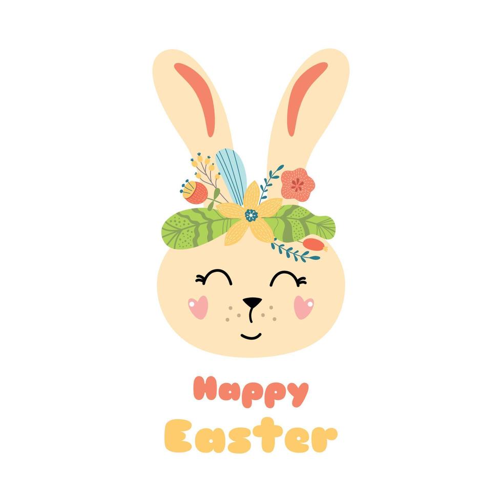 feliz conejo de pascua lindo personaje de cartón conejo con corona de flores en estilo de fideos dibujado a mano. colorido elemento de impresión de tarjetas de Pascua. ilustración de niños. feliz texto de pascua. cartel aislado. vector