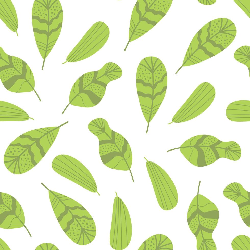 Foliage natural branches green leaves herbs tropical plant Green leaf repeat background Natural cute ecological print. Vector fresh beauty rustic eco friendly background on white. Illustration.